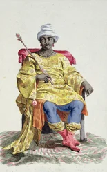 Don Allvaro, król Konga, z książki „Recueil des Estampes, reprezentującej szeregi i godności, według stroju wszystkich istniejących narodów”, wydanej w 1780 r. (ręka grawerunek kolorowy)